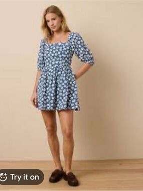 American Eagle Outfitters Blue Floral Square-Neck Mini Dress